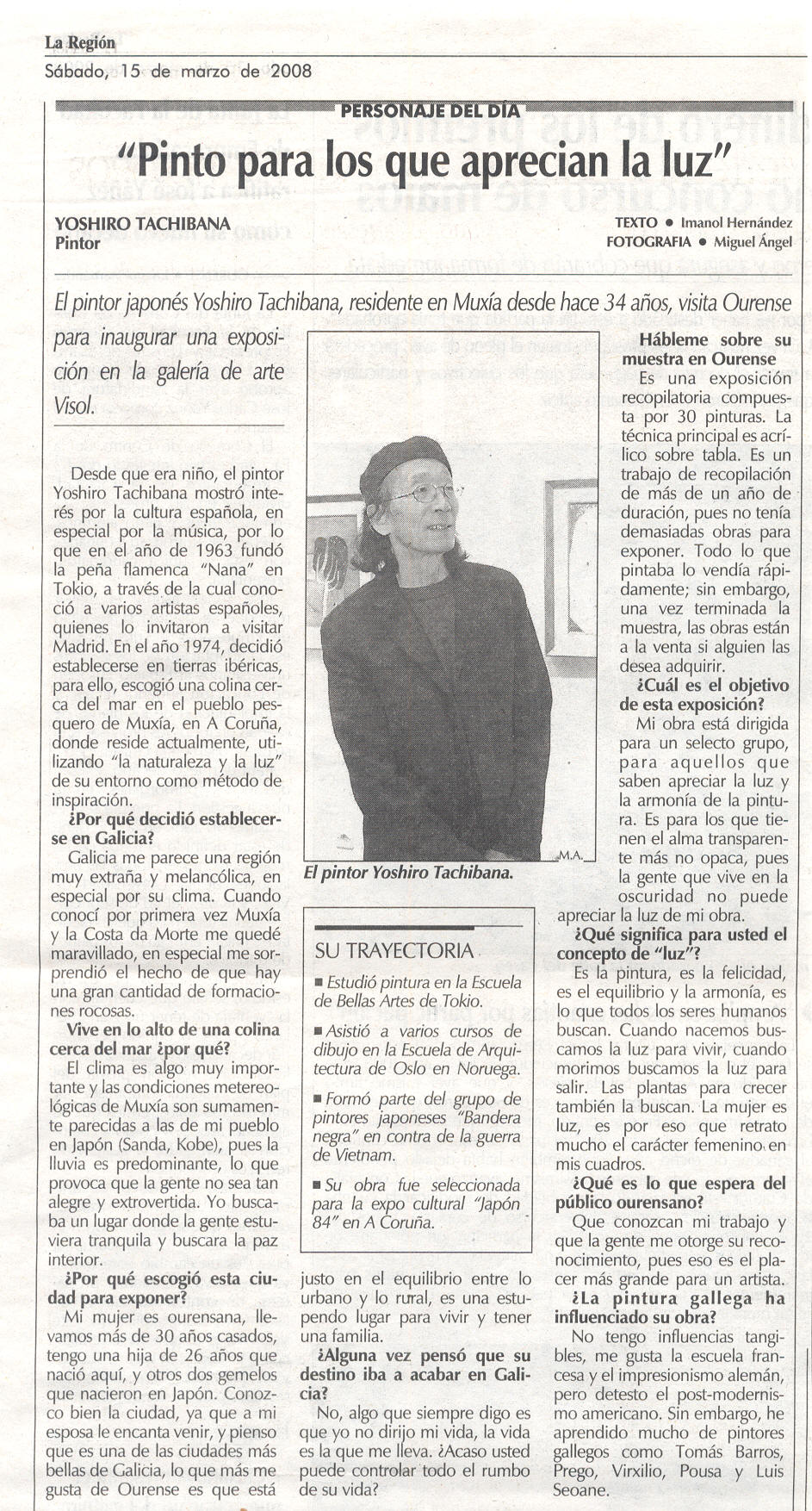 Artículo de periódico la región en el que entrevistan a Yoshiro Tachibana en 2008